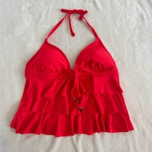 Catalina Size Medium TOP ONLY.  Coral red. Halter style w/ruffles to waist